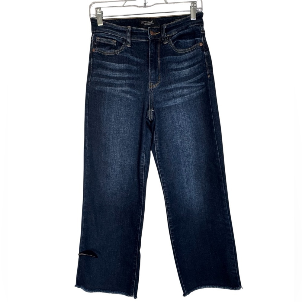 Judy Blue Dark Indigo Copped Raw Hem Size 1/25  Wide Leg Jeans - Picture 2 of 6